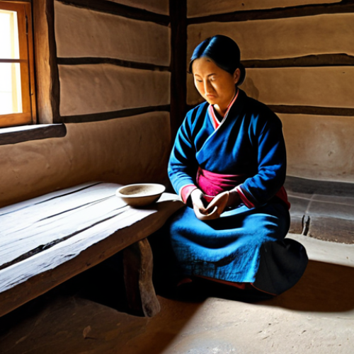 A Bhutanese woman artisan, fully clothed in a modest traditional Kira, demonstrating the use of an ancient hand-grinding stone inside a meticulously recreated traditional Bhutanese farmhouse within the Folk Heritage Museum. The rustic interior features mud-brick walls, exposed wooden beams, and traditional kitchen implements. Warm, natural light streams in, highlighting the intricate details of her fully clothed attire and the historical artifacts. Perfect anatomy, correct proportions, natural pose, well-formed hands, proper finger count. Professional photography, high quality, safe for work, appropriate content, family-friendly.