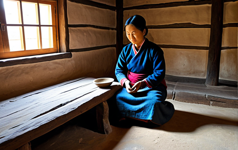 A Bhutanese woman artisan, fully clothed in a modest traditional Kira, demonstrating the use of an ancient hand-grinding stone inside a meticulously recreated traditional Bhutanese farmhouse within the Folk Heritage Museum. The rustic interior features mud-brick walls, exposed wooden beams, and traditional kitchen implements. Warm, natural light streams in, highlighting the intricate details of her fully clothed attire and the historical artifacts. Perfect anatomy, correct proportions, natural pose, well-formed hands, proper finger count. Professional photography, high quality, safe for work, appropriate content, family-friendly.
