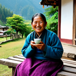 A warm and friendly scene capturing a Bhutanese local person, fully clothed in a vibrant, traditional Gho, respectfully offering a small cup of tea to a foreign tourist, fully clothed in modest and appropriate travel attire. They are sitting comfortably on a wooden bench outside a traditional Bhutanese home, surrounded by lush, verdant hills and subtle prayer flags. The atmosphere is peaceful and welcoming, highlighting genuine cultural exchange. safe for work, appropriate content, fully clothed, professional dress, family-friendly, perfect anatomy, correct proportions, natural pose, well-formed hands, proper finger count, natural body proportions, high quality, professional photography, ultra-detailed.