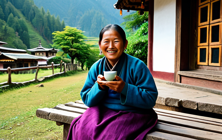A warm and friendly scene capturing a Bhutanese local person, fully clothed in a vibrant, traditional Gho, respectfully offering a small cup of tea to a foreign tourist, fully clothed in modest and appropriate travel attire. They are sitting comfortably on a wooden bench outside a traditional Bhutanese home, surrounded by lush, verdant hills and subtle prayer flags. The atmosphere is peaceful and welcoming, highlighting genuine cultural exchange. safe for work, appropriate content, fully clothed, professional dress, family-friendly, perfect anatomy, correct proportions, natural pose, well-formed hands, proper finger count, natural body proportions, high quality, professional photography, ultra-detailed.