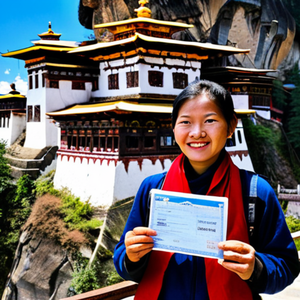 Visa and Permit**

A traveler in appropriate attire standing in front of the Paro Taktsang (Tiger's Nest Monastery) in Bhutan, holding a travel permit. The background shows a clear blue sky and majestic mountains. Fully clothed, safe for work, professional travel photography, perfect anatomy, natural pose, appropriate content.

**