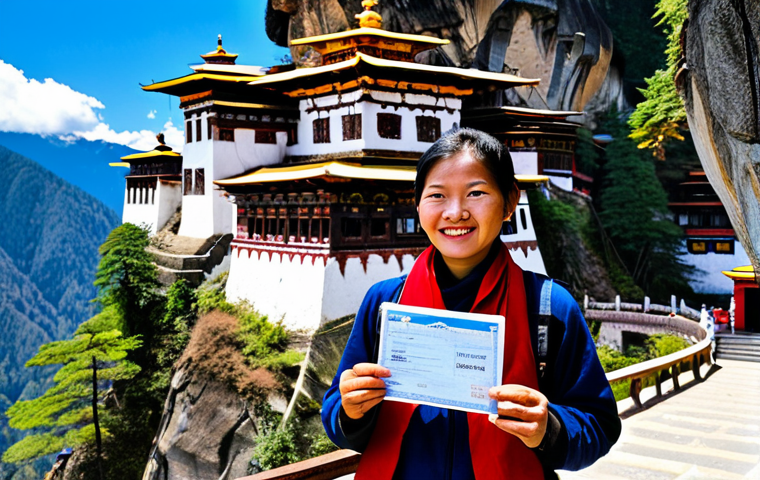 Visa and Permit**

A traveler in appropriate attire standing in front of the Paro Taktsang (Tiger's Nest Monastery) in Bhutan, holding a travel permit. The background shows a clear blue sky and majestic mountains. Fully clothed, safe for work, professional travel photography, perfect anatomy, natural pose, appropriate content.

**