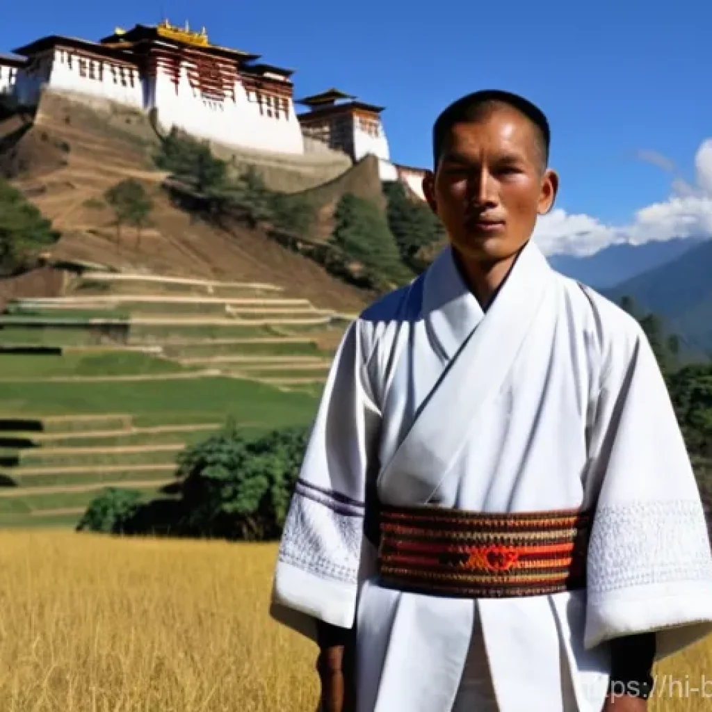 부탄 전통 의상 만드는 법 - **A Bhutanese Man in a Mountainous Landscape**
    A proud Bhutanese man, in his mid-30s, stands wit...