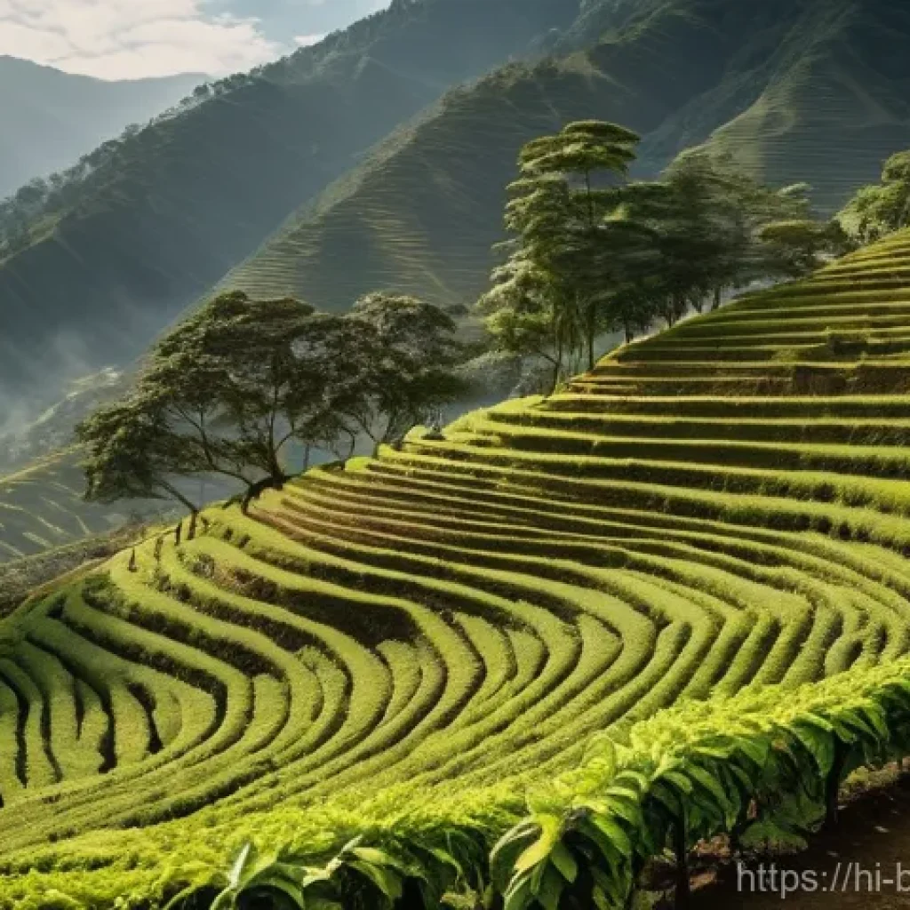 부탄의 커피 문화 - **Prompt:** "A serene, wide-angle shot of a Bhutanese organic coffee plantation nestled in the lush ...