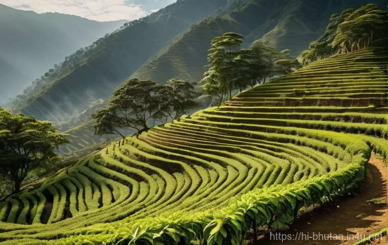 부탄의 커피 문화 - **Prompt:** "A serene, wide-angle shot of a Bhutanese organic coffee plantation nestled in the lush ...