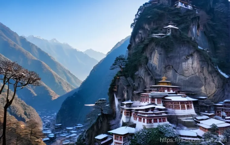 부탄의 사계절 풍경 - **Winter Wonderland with Spiritual Peace and Wildlife:**
    An atmospheric shot of a serene Bhutane...
