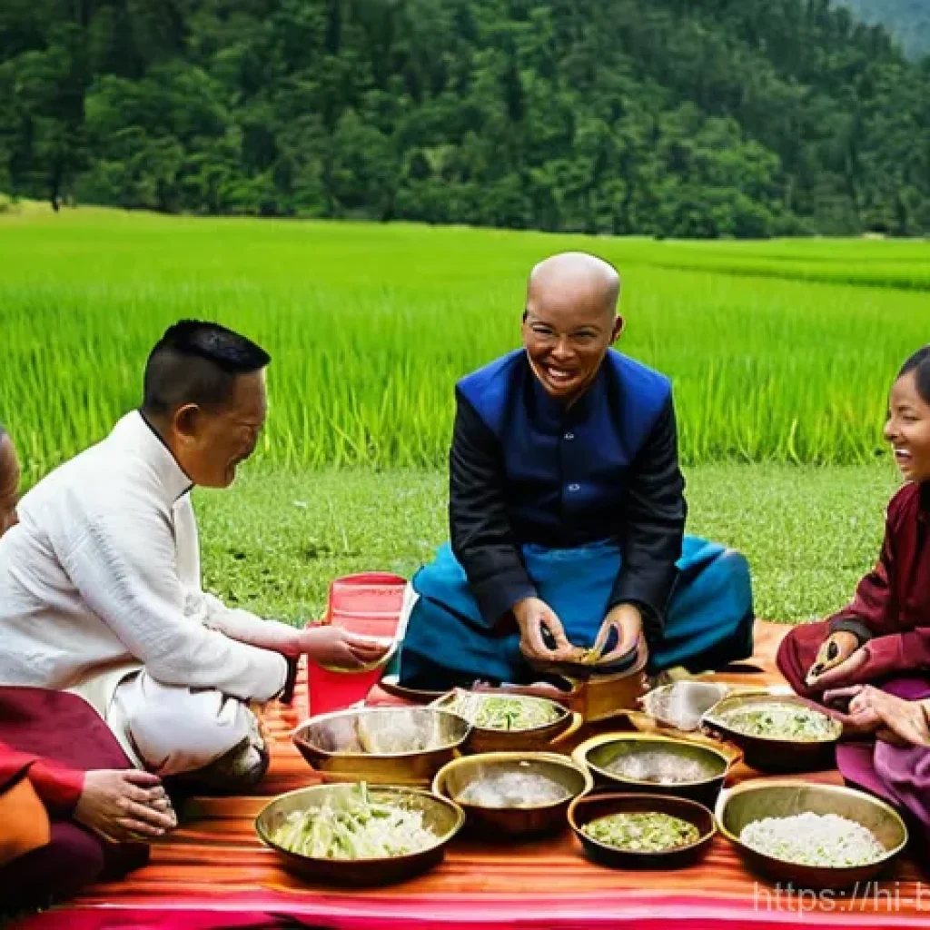 부탄 전통 혼례 문화 - **Prompt 1: A Joyful Bhutanese Wedding Feast in the Mountains**
    "A vibrant, wide-angle shot capt...