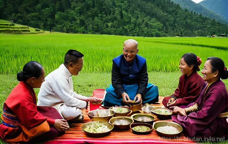부탄 전통 혼례 문화 - **Prompt 1: A Joyful Bhutanese Wedding Feast in the Mountains**
    "A vibrant, wide-angle shot capt...