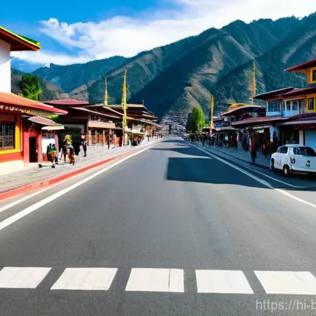 부탄 여행 중 주의할 교통 규칙 - **Prompt 1: Thimphu's Calm Traffic Flow**
    "A peaceful and orderly street scene in Thimphu, Bhuta...