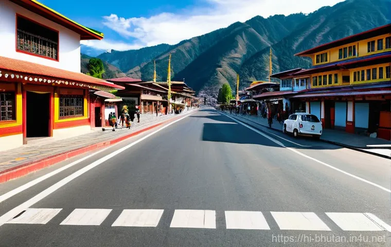 부탄 여행 중 주의할 교통 규칙 - **Prompt 1: Thimphu's Calm Traffic Flow**
    "A peaceful and orderly street scene in Thimphu, Bhuta...