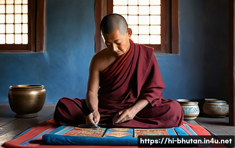 부탄과 관련된 미술 작품 - **Prompt:** A serene, ultra-detailed shot of a dedicated Bhutanese artist in traditional Gho attire,...