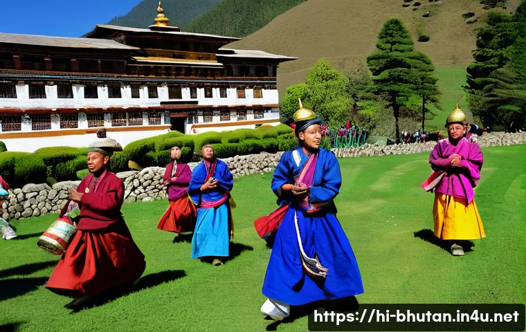 부탄의 봄철 축제와 꽃놀이 - A vibrant spring festival scene in Bhutan showcasing traditional religious ceremonies: monks and loc...