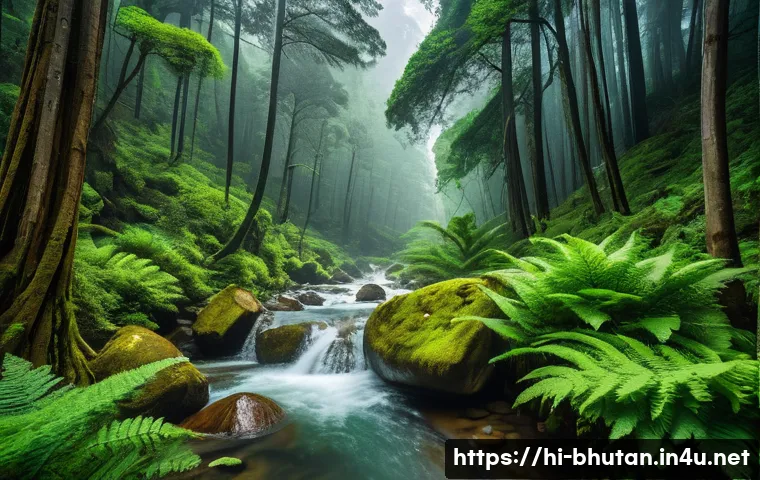 부탄 산악 지형의 특징 - A vibrant and dense Himalayan mountain forest in Bhutan during the monsoon season, showcasing tall c...