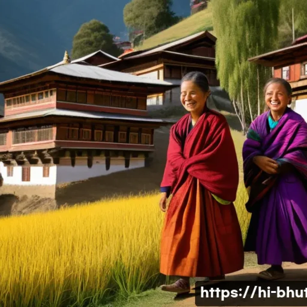 부탄 여행시 유용한 현지어 표현 - A warm and welcoming Bhutanese village scene during daytime, featuring local villagers dressed in tr...