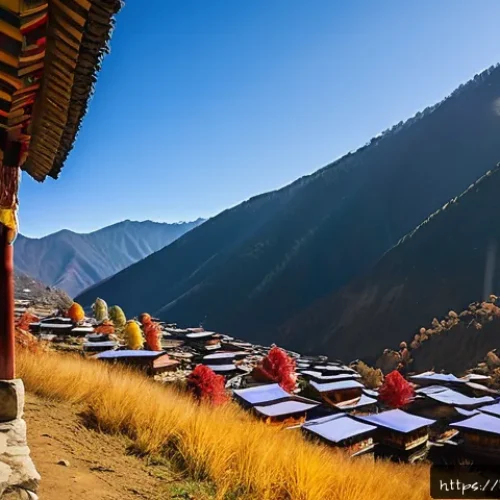 Home 31 부탄 여행 경비 - A vibrant Bhutanese mountain village scene during autumn with colorful prayer flags fluttering in th...