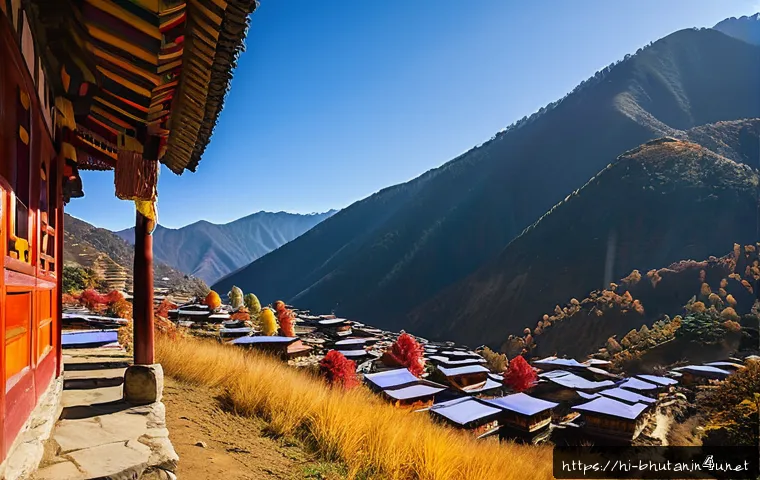 부탄 여행 경비 - A vibrant Bhutanese mountain village scene during autumn with colorful prayer flags fluttering in th...