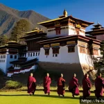Home 18 부탄에서 발생한 주요 사건 - A majestic Bhutanese Buddhist monastery perched on a lush green mountainside during sunrise, with in...