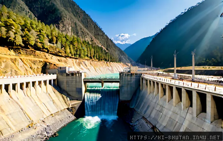Home 17 부탄 경제와 주요 산업 - Photorealistic wide view of Bhutan’s sustainable hydropower industry, a modern dam and turquoise mou...