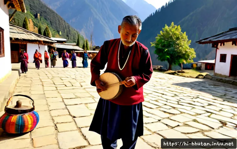 Home 17 부탄 민속 음악 - Photorealistic Bhutanese folk musicians performing outdoors in a serene Himalayan village courtyard,...