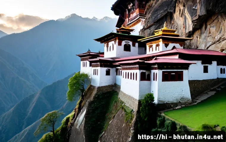 부탄의 주요 건축 양식 - Photorealistic wide-angle view of a traditional Bhutanese dzong fortress-monastery perched above a g...