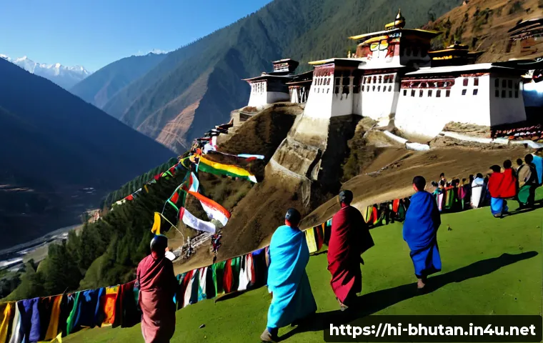 Home 17 부탄의 공휴일과 기념일 - Photorealistic wide-angle view of a Bhutanese public holiday gathering in a mountain valley, familie...